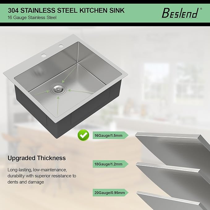 25 Drop In Kitchen Sink - Beslend 25x22 Inch Kitchen Sink Drop In Stainless Steel Sinks Topmount 16 Gauge 9" Deep Single Bowl Above Counter Sinks Dish Basin, Sink Only