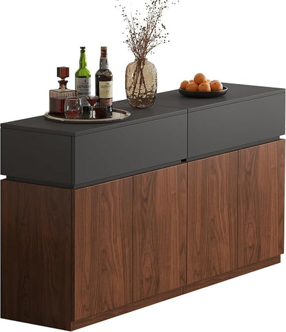 63" Buffet Cabinet with Drawer & Door, Set of 2 Modular Stackable Sideboard Coffee Bar Cabinet with Adjustable Shelves, Matte Gray Walnut Storage Accent Credenza for Living/Dining Room Hallway