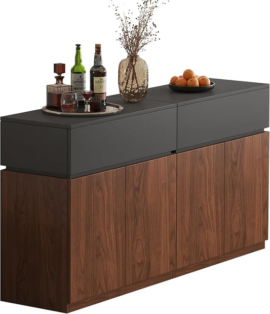 63" Buffet Cabinet with Drawer & Door, Set of 2 Modular Stackable Sideboard Coffee Bar Cabinet with Adjustable Shelves, Matte Gray Walnut Storage Accent Credenza for Living/Dining Room Hallway