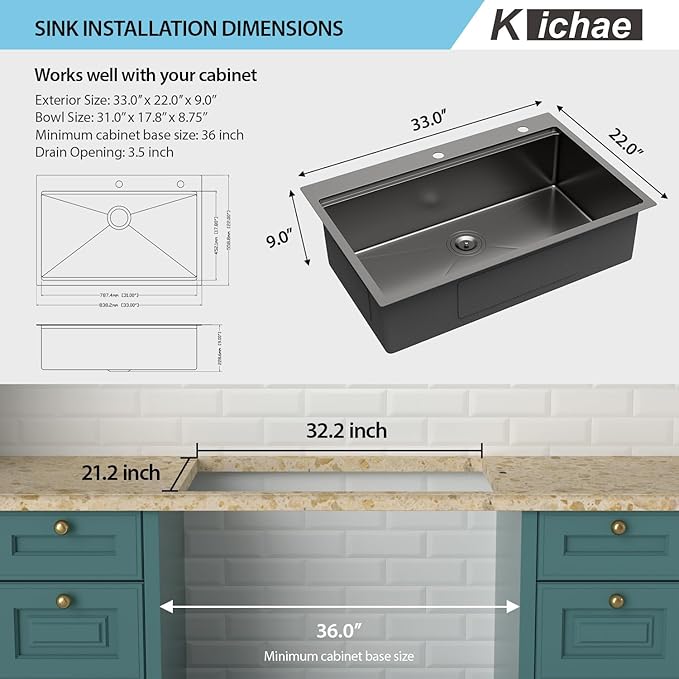 33 Black Drop In Kitchen Sink - Kichae 33 x 22 Drop In Kitchen Sink Workstation Gunmetal Black Nano Coating 304 Stainless Steel 16 Gauge with Glass Rinser & Cutting Board