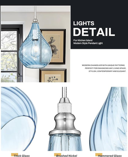 TENGXIN 8 Inch Hanging Light for Kitchen Island,Kitchen Pendant Lighting Over Island,Brushed Nickel Finished Blue Glass Pendant Light,Farmhouse Pendant Light for Dining Room,TXPLBN13-L