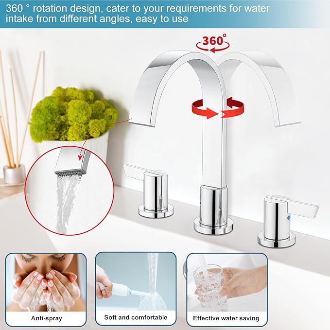 Midanya 8 inch Widespread Bathroom Sink Faucet,Modern Waterfall 3 Hole 2 Handles Bathroom Faucet 8" Vanity Faucets with Pop Up Drain and Water Supply Lines,Polish Chrome