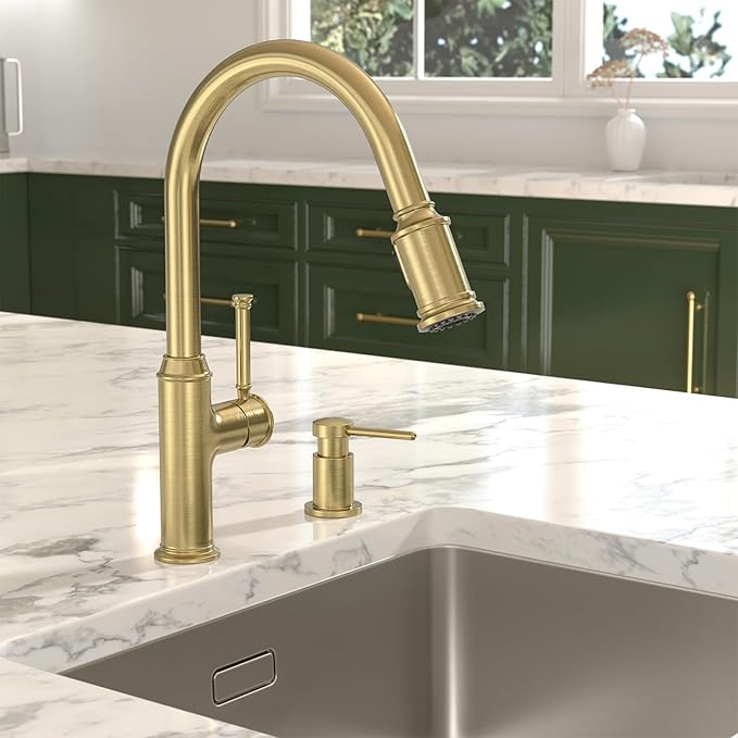 Lava Odoro Curtura Brushed Gold Kitchen Faucet with Pull Down Sprayer, Brass Kitchen Sink Faucet, Single Hole Kitchen Faucet with 3-Function Sprayer, Deck Plate Included, Spot-Free, 1.8GPM, KF421-SG