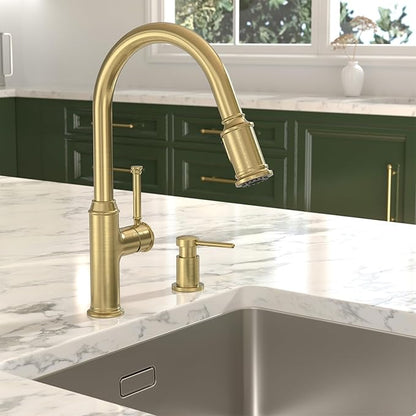Lava Odoro Curtura Brushed Gold Kitchen Faucet with Pull Down Sprayer, Brass Kitchen Sink Faucet, Single Hole Kitchen Faucet with 3-Function Sprayer, Deck Plate Included, Spot-Free, 1.8GPM, KF421-SG