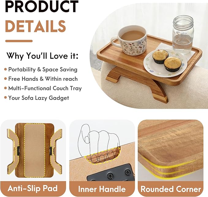 SINWANT Couch Arm Table,Acacia Wood Sofa Arm Rest Tray for Couch,13.78" Foldable Couch Armrest Tray Tables for Home Apartment Small Spaces
