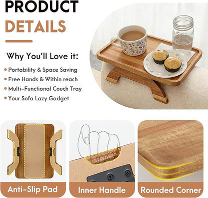 SINWANT Couch Arm Table,Acacia Wood Sofa Arm Rest Tray for Couch,13.78" Foldable Couch Armrest Tray Tables for Home Apartment Small Spaces