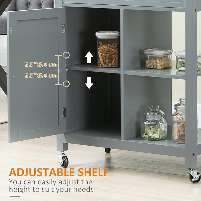 Kitchen Island Cart, Rolling Kitchen Island with Storage Shelf, Solid Wood Top, Drawer, for Dining Room, Gray