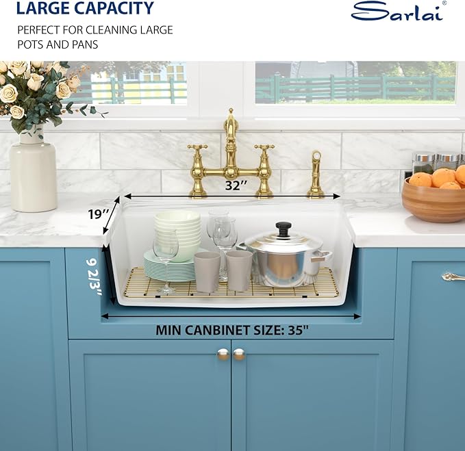 Sarlai 32 Granite Composite Kitchen Sink - 32 x 19 Inch Granite Undermount Kitchen Sink Ledge Workstation Under-Mount White Quartz Classic Single Bowl Sinks Under Counter Basin With Gold Accessories
