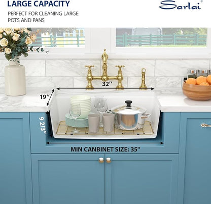 Sarlai 32 Granite Composite Kitchen Sink - 32 x 19 Inch Granite Undermount Kitchen Sink Ledge Workstation Under-Mount White Quartz Classic Single Bowl Sinks Under Counter Basin With Gold Accessories