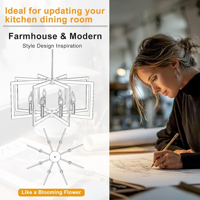 27.6" Modern Chandelier, 8-Light Geometric Dining Room Light Fixture Over Table, Farmhouse Kitchen Island Lighting, Industrial Black and Gold Hanging Pendant Lights for Foyer, Hallway, Entryway