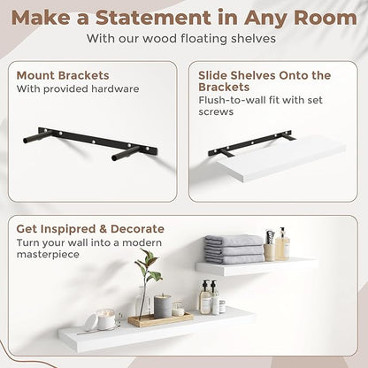 30 Inch Floating Shelves for Wall Set of 2, 8"D Wood Grain Bathroom Shelves with Invisible Brackets, Easy Install Engineered Wood Storage Shelves for Kitchen, Living Room, Bedroom, White Finish