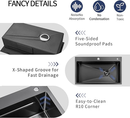 Black Kitchen Sink 30 Inch Gunmetal Black Drop In Kitchen Sink with Faucet Combo Modern Workstation Stainless Steel Sink Top Mount Single Bowl Farmhouse Kitchen Sinks