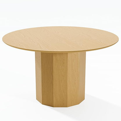 Casaphoria 52" Round Dining Table, Modern Wood Kitchen Table with Cylinder Polygonal Base for Living Room & Dining Room, Easy Assembly Farmhouse Furniture for 4-6, Oak