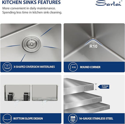 Sarlai 33 Farmhouse Sink Double Bowl- 33x21 Inch Apron Front Kitchen Sink Double Bowl 50/50 Stainless Steel 16 Gauge Round Corner Farm Farmer Kitchen Sinks
