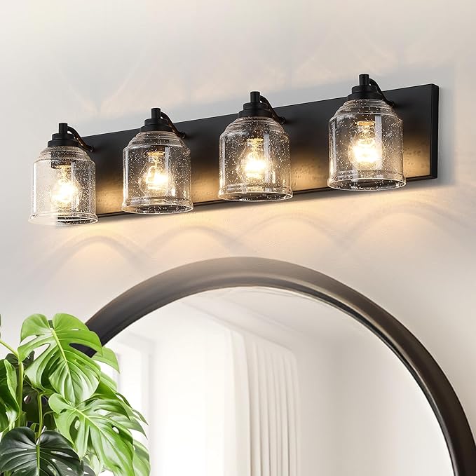 Vanity Lights for Bathroom Large 31.5", Farmhouse Rustic Vanity Light with Bubble Glass Shades, Black 4 Light Bathroom Lighting Fixtures Over Mirror, Bath Wall Sconce Home Decor