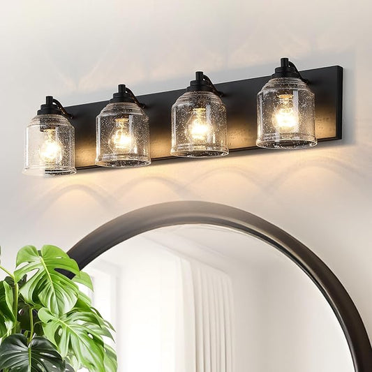 Vanity Lights for Bathroom Large 31.5", Farmhouse Rustic Vanity Light with Bubble Glass Shades, Black 4 Light Bathroom Lighting Fixtures Over Mirror, Bath Wall Sconce Home Decor
