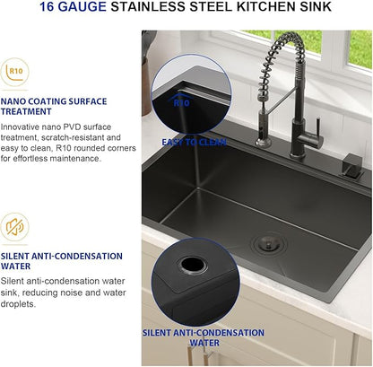 Dcolora 28 Inch Black Kitchen Sink Drop In, Nano-PVD Black Stainless Steel Workstation Sink Single Bowl Topmount with Accessories All-In-One, #DC-T8862 28"x22"x10"