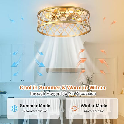 Garwarm Caged Ceiling Fan with Light,20" Ceiling Fans with Lights and Remote,Bladeless Fandelier Small Low Profile Ceiling Fan Light Fixture for Bedroom,Kitchen,Dining Room,Gold