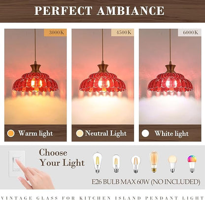 Red Glass Pendant Light, 11.8" Vintage Pendant Lighting Brushed Gold Glass Light Fixtures Red Chandelier Modern Hanging Ceiling for Dining Room Kitchen Island Sink Bedroom Foyer Entryway