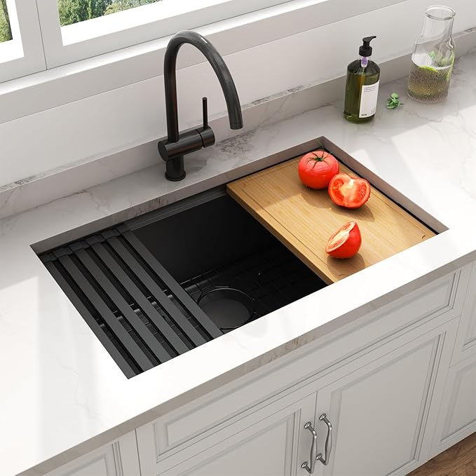 LQS 30 Inch Kitchen Sink, Black Undermount Kitchen Sink, Large Deep Black Workstation Single Bowl Sinks, 16 Gauage T304 Stainless Steel Material, Smart Workstation Ledge With Pratical Accessories