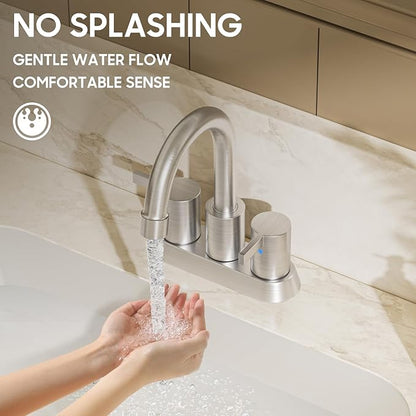 Phiestina Brushed Nickel 4 Inch 2 Handle Centerset Lead-Free Bathroom Sink Faucet, with Copper Pop Up Drain and Water Supply Lines,BF015-1-BN