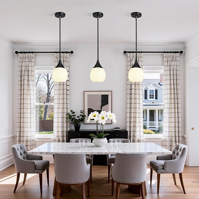 Kitchen Island Pendant Light: Mid Century Matte Black Hanging Light Fixtures with Frosted Glass Globe - 6 Inch Farmhouse Chandeliers Ceiling Lighting for Dining Room