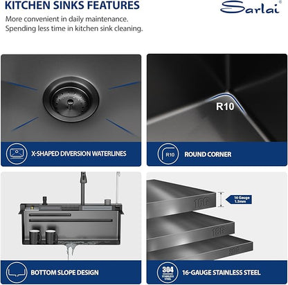 Sarlai Waterfall Kitchen Sink - 30 Inch Drop In Workstation Sink With Waterfall Black Stainless Steel 16 Gauge Multifunction Single Bowl Smart Top Mount Kitchen Sinks with Mechanical Keys 30x19 Inch