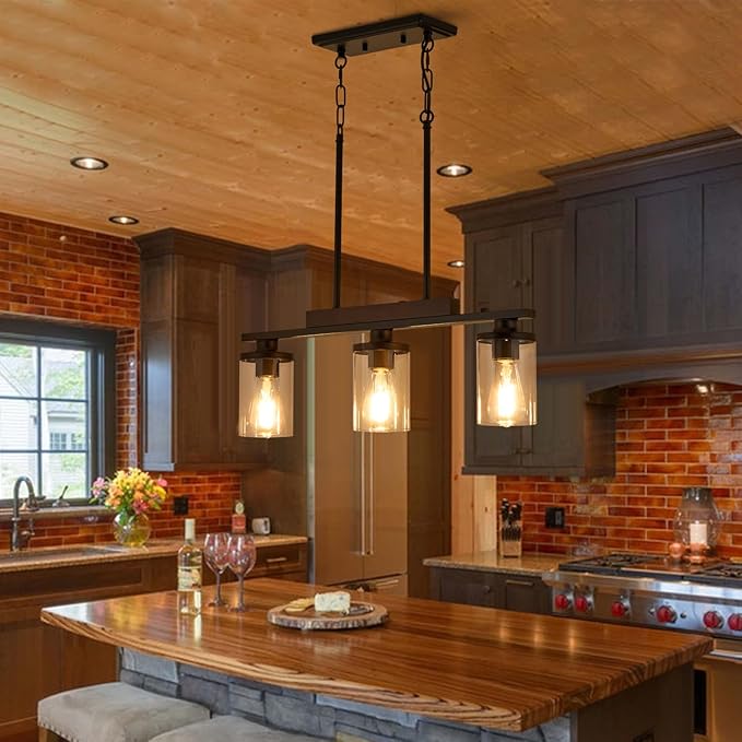Kitchen Island Lighting,3-Lights Rectangle Farmhouse Dining Room Light Fixture Over Table,Wood Pendant Lights Kitchen Island,Black Wood Linear Chandelier Ceiling Hanging with Glass Shades