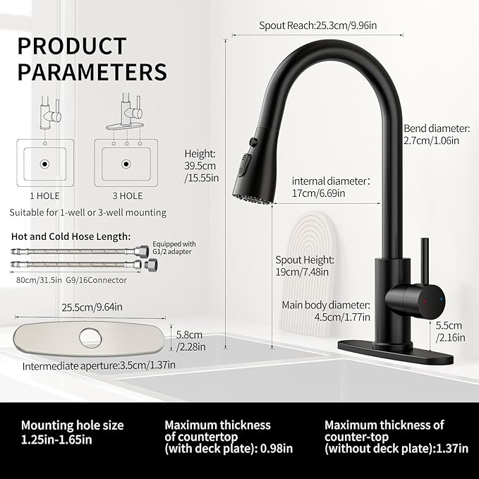 Kitchen Faucet with Pull Down Sprayer，Stainless Steel Single Handle Kitchen Faucet，1/3 Hole, Deck Plate Included，Suitable for farmhouses, Campers, Laundry Rooms, RVs, and Bars(Black)