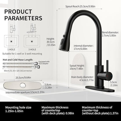 Kitchen Faucet with Pull Down Sprayer，Stainless Steel Single Handle Kitchen Faucet，1/3 Hole, Deck Plate Included，Suitable for farmhouses, Campers, Laundry Rooms, RVs, and Bars(Black)