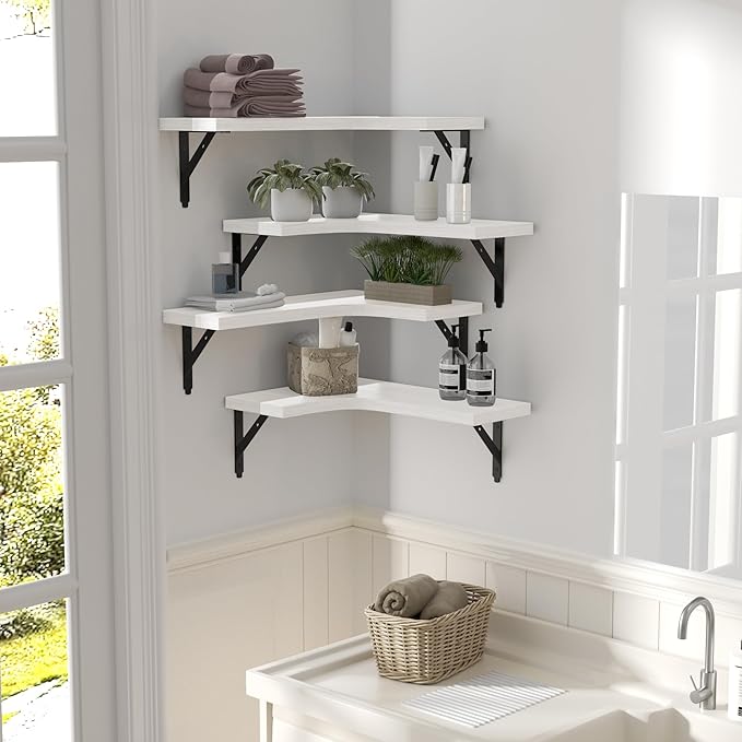 ROMGUAR CRAFT Corner Floating Shelves Wall Mounted Set of 4, Rustic Wood Storage Display Wall Shelves for Home Decor, Bathroom, Kitchen, Bedroom, Living Room, Office (White)