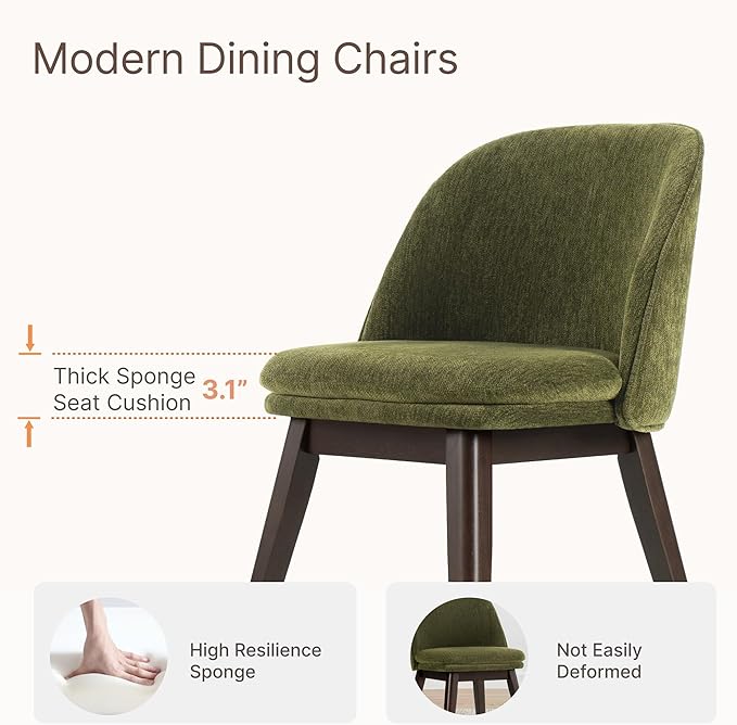 KISLOT Wooden Dining Chairs Set of 4, Fabric Upholstered Modern Dining Room Chairs with Double-Layer Thick Seat Cushion & Ergonomic Backrest for Restaurant, Kitchen and Café, Green, 2 Boxs