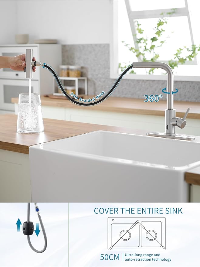 Touchless Kitchen Faucets with Pull Down Sprayer,Waterfall Kitchen Sink Faucet,Commercial Utility Stainless Steel Kitchen Faucets,Single Handle Kitchen Sink Faucet for 3 Function,Brushed