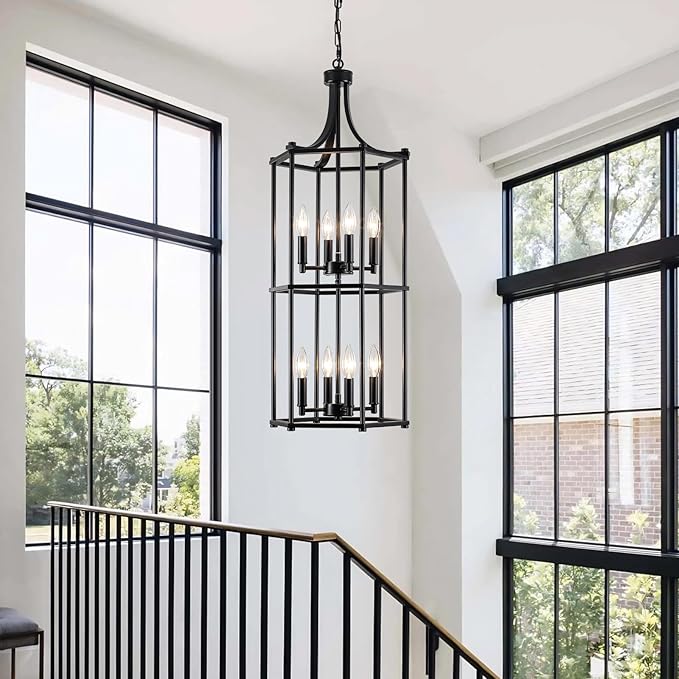 Foyer Chandeliers for High Ceilings 8-Light Black Chandelier for Entryway Lantern Tiered Pendant Light Fixtures Hanging Modern Farmhouse Chandeliers for Staircase Hallway Kitchen Living Room