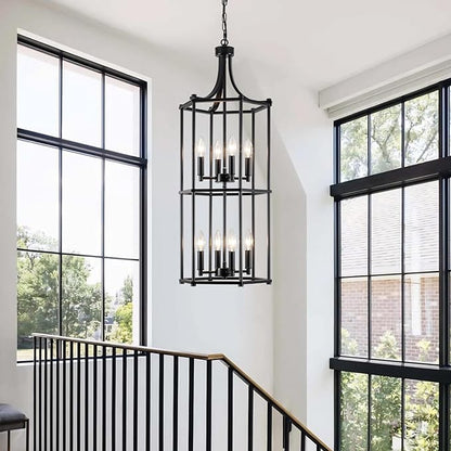 Foyer Chandeliers for High Ceilings 8-Light Black Chandelier for Entryway Lantern Tiered Pendant Light Fixtures Hanging Modern Farmhouse Chandeliers for Staircase Hallway Kitchen Living Room