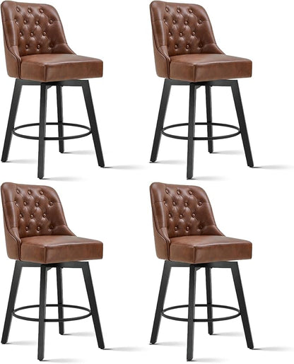KISLOT Swivel Counter Height Bar Stools Set of 4, 26" Upholstered Faux Leather Barstools with Back,Thick Seat and Square Solid Wood Legs for Kitchen Island Home Bar, Brown