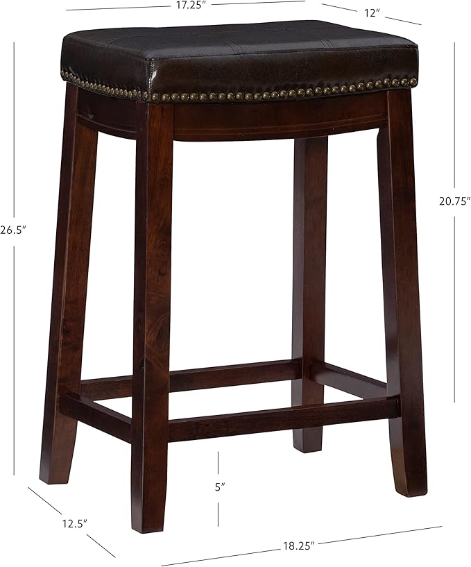 Linon Kingston Brown Wooden Backless 26.5 Inch Seat Height Counter Stool with Brown Faux Leather Upholstered Seat and Nailheads