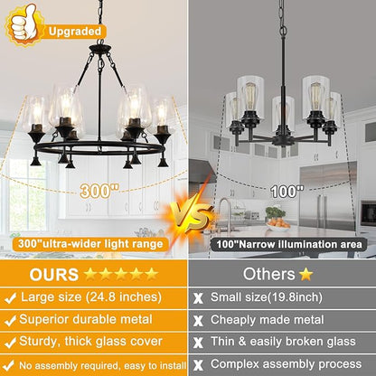 25" Farmhouse Chandelier, 6-Light Modern Black Dining Room Light Fixture Over Table with Clear Wine Glass Glass Shade, Industrial Hanging Pendant Lights Fixture for Kitchen Island Living Room Foyer