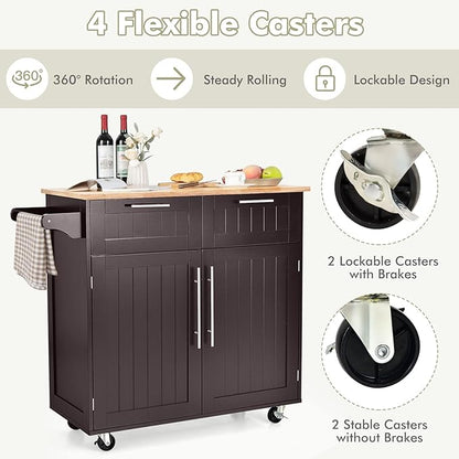 COSTWAY Kitchen Island on Wheels, Kitchen Cart with Side Towel Bar, 2 Drawers, 2 Door Cabinet, Rolling Storage Trolley Cart with Rubber Wood Top & Lockable Casters (Brown)