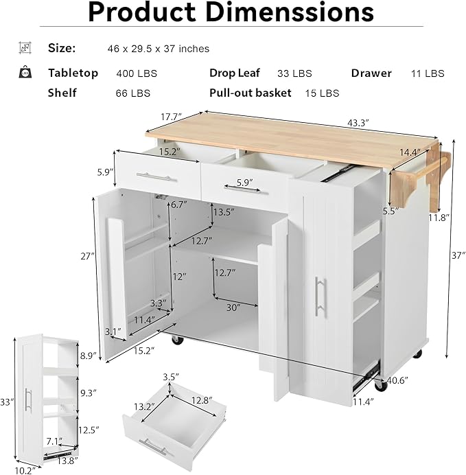 Rolling Kitchen Island Cart with Drop Leaf,3 Tier Pull Out Cabinet Organizer, Internal Storage Rack,Towel Rack, 2 Drawers,for Kitchen (White@t)