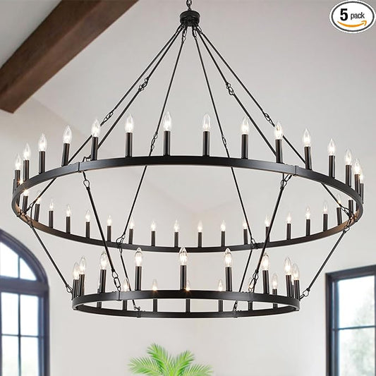 ANKYLHUA 60 Inch Black Extra Large Wagon Wheel Chandelier, 2 Tier 54-Lights Farmhouse Chandeliers Industrial Round High Ceiling Pendant Light for Dining Room, Living Room, Entryway