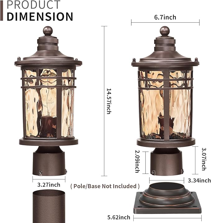 Darkaway Outdoor Post Light,Lamp Post Light Fixture, Waterproof Aluminum Housing with Amber Ripple Glass for Garden Patio Pathway Entry