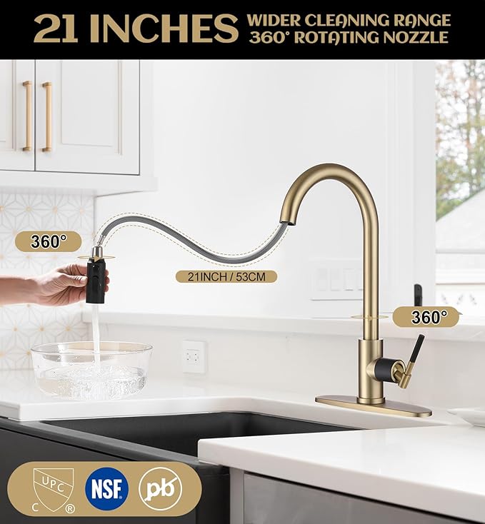 Kitchen Faucet with Pull Down Sprayer, Brushed Gold High Arc Stainless Steel Single Handle Kitchen Sink Faucet, 3 Spray Modes Metal Head, 1 Hole or 3 Hole Installation for Farmhouse