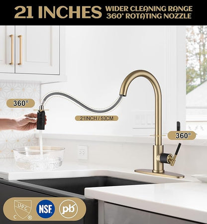 Kitchen Faucet with Pull Down Sprayer, Brushed Gold High Arc Stainless Steel Single Handle Kitchen Sink Faucet, 3 Spray Modes Metal Head, 1 Hole or 3 Hole Installation for Farmhouse