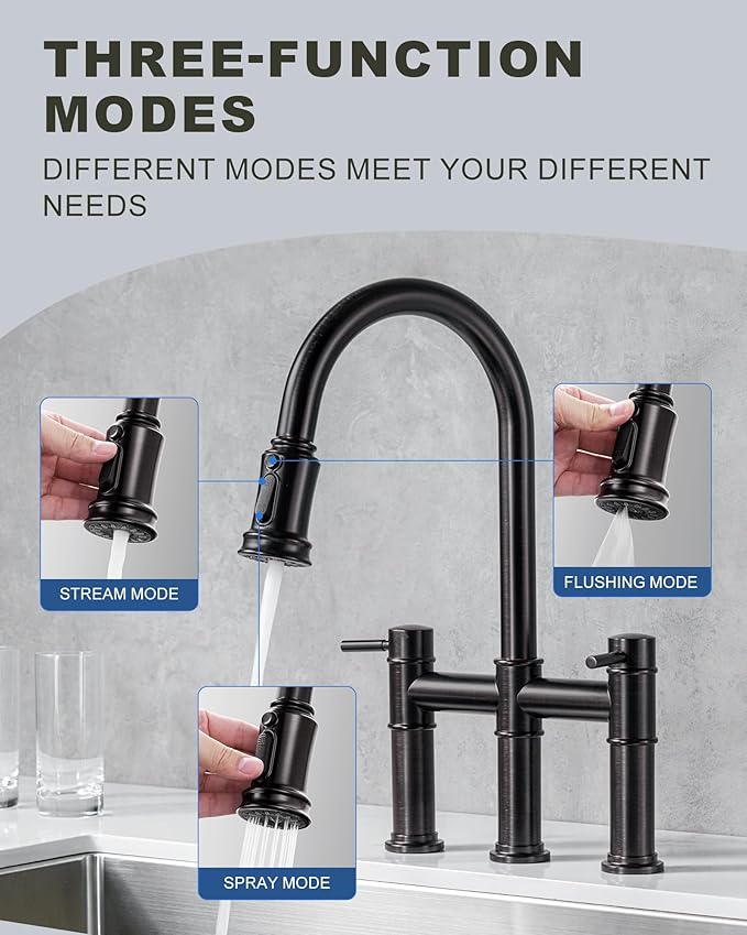Bridge Faucet for Kitchen Sink: iVIGA Oil Rubbed Bronze Farmhouse 3 Hole Kitchen Faucet with Pull Down Sprayer - 2 Handle High Arc Brass Faucet with 360° Swivel, with Supply Lines
