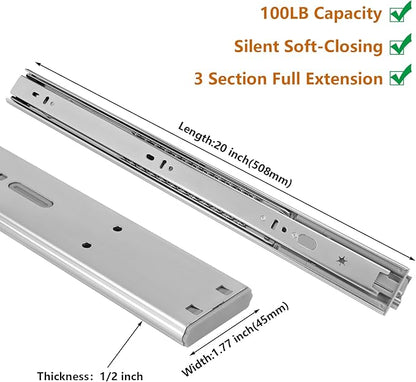LONTAN 4 Pairs 20 Inch Heavy Duty Soft Close Drawer Slides - 100LB Load Capacity Full Extension Drawer Glides Side Mount Ball Bearing Dresser Cabinet Rails with Screws