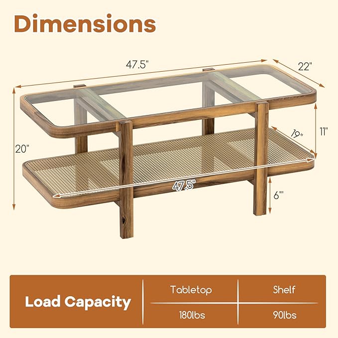 Tangkula Rattan Coffee Table, 47.5”L Boho Cocktail Tables, 2-Tier Center Table with Tempered Glass Tabletop, PE Rattan Shelf & Acacia Wood Frame, Mid Century Modern Tea Table for Living Room (Natural)