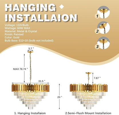 18-Lights 6 Tiers Gold Crystal Chandeliers Luxury 31.5" Modern Crystal Pendant Chandelier Round Hanging Lighting for Living Room Foyer High Ceiling Bedroom Restaurant