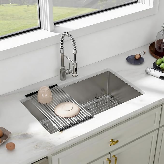 33 Inch Undermount Kitchen Sink - Fuyuoer 33x19 Inch Under Counter 16 Gauge Stainless Steel Single Bowl, 9'' Deep Basin with Round Corners