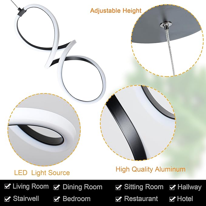 MAYNA Spiral Led Pendant Light Fixture,Modern Led Chandelier, 6000K Adjustable Height Hanging Light Fixture for Kitchen Living Room Bedroom Cafe Table, 1 Pack (Black)